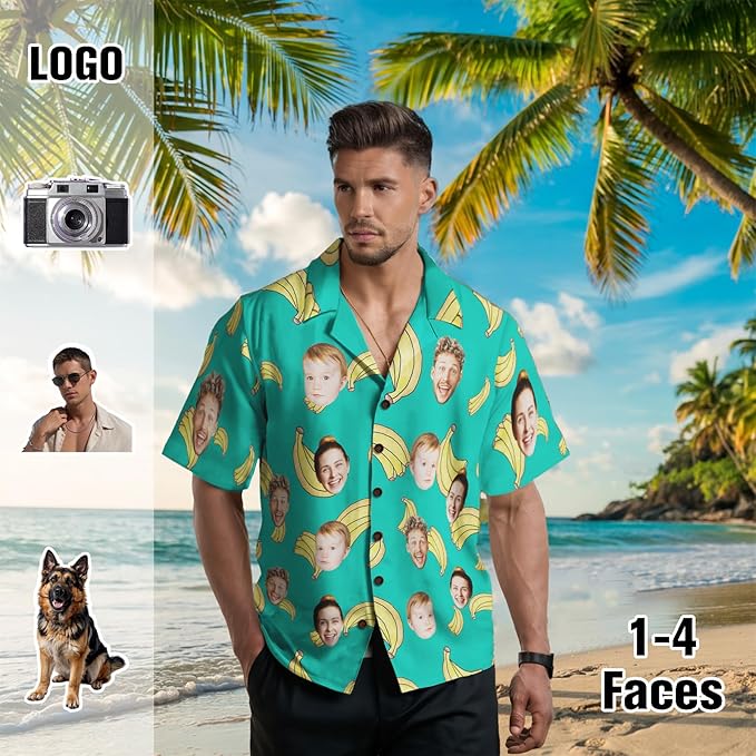 Custom Hawaiian Shirt with Face for Men, Unisex Tropical Beach Shirts Personalized Casual Funny Hawaii Button Down Shirts