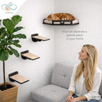 Cat Wall Shelves for Cats & Kitten – Solid Wood Cozy Corner Bed + Cushion with 2 Washable Covers + 3 Wooden Steps, Safe Haven for Indoor Cats, Cat Shelves for Wall, Black