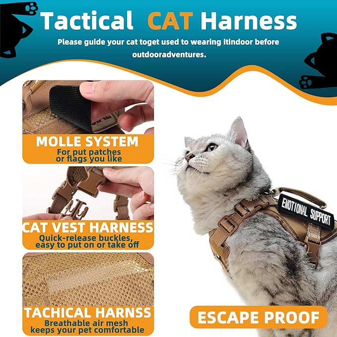 Tactical Cat Harness Khaki for Walking Esacpe Proof,Adjustable Soft Mesh Large Cat Vest with Rubber Handle Easy to Control,Molle Patches L