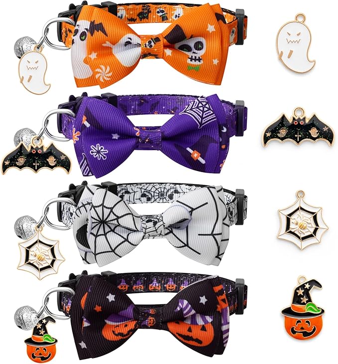 LLHK 4 Pack Halloween Cat Collar with Bow Tie and Bell,Breakaway Kitten Collar for Girl Boy Cats,Adjustable 7-12inch,for Kitty Kitten Adult Cats,Pet Supplies…