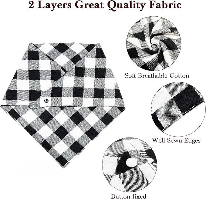 Christmas Plaid Dog Bandana with Button, Fall Dual Layer Scarf Soft Cotton Triangle Bib Girls and Boys Kerchief Adjustable Accessories for Small Medium Large Extra Large Dog Puppy Pet Cat