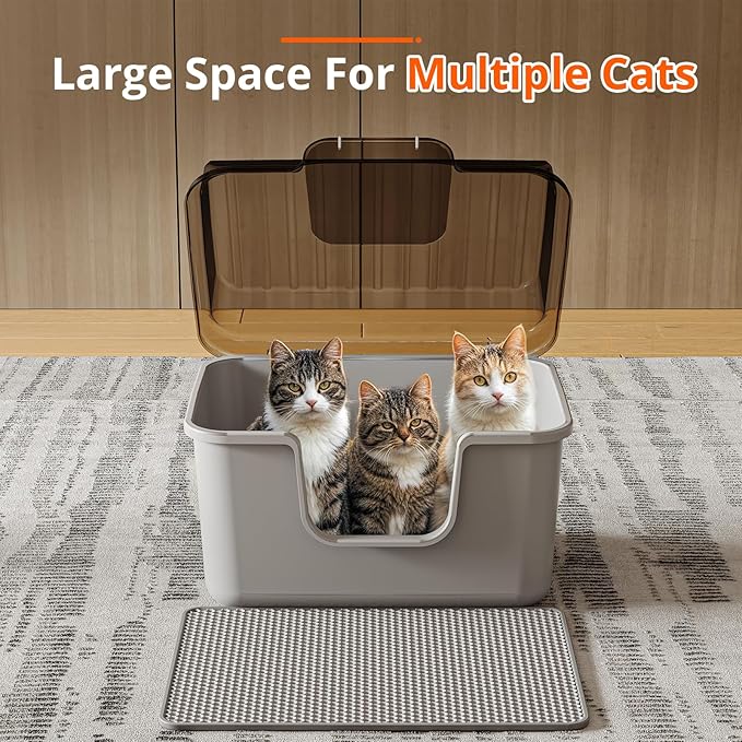 Oneluck Large Cat Litter Box with Transparent Covered,Mat and Scoop, Convenient for Observing Cats, Front Door Flap for Privacy, Gray (23.5" L x 16.9" W x 15.76" H) (23.5" L x 16.9" W x 15.76" H)