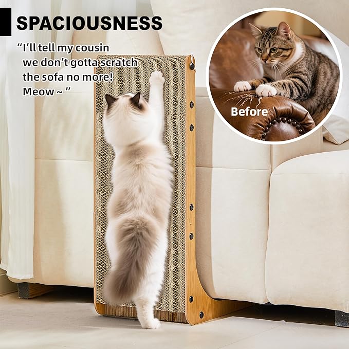 Value 2-Pack 23.6 Inch L-Shaped Cardboard Cat Scratcher, Dual Use (Vert/Horiz) Scratch Pad with Toy Balls, Wall-Mountable Furniture Protector Cat Scratchers for Indoor Cats, Couch & Wall