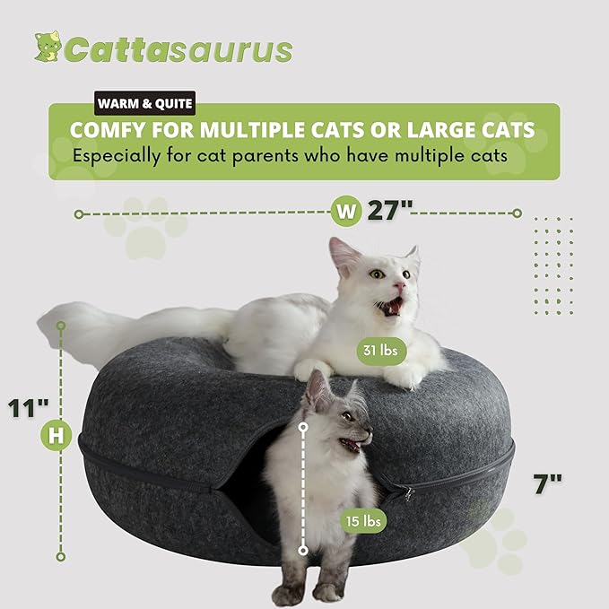 Cattasaurus Peekaboo Cat Cave Donut for Multiple & Large Cats up to 30-45 lbs, 3-in-1 Self Warming Cat Bed, Tunnel & Scratcher for Indoor Cats, Washable & Detachable Small Dog Bed (Dark Gray, Jumbo)