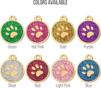 Paw Shape Dog ID Tag Stainless Steel Custom Laser Engraved, Cute Bling Glitter Pet Name Tags Personalized with Durable Engraving (Gold Sparkly Round Paw)