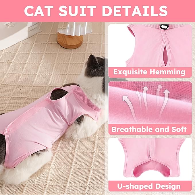 Cat Recovery Suit for Spay Abdominal Wounds, Kitten Onesie Bodysuit for Cats After Surgery, Cat Surgery Recovery Suit Female Cone of Shame Alternative for Cats Anti Licking (Pink,M)