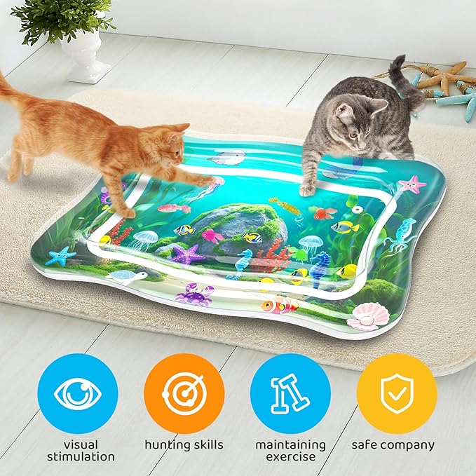 Interactive Cat Toy for Indoor Cats, Upgraded Cat Water Mat with Fish - 0.7mm Thickened Water Sensory Play Pad, Enrichment Stimulating Hunting Exercise Toy for Bored Adult Cats & Kittens