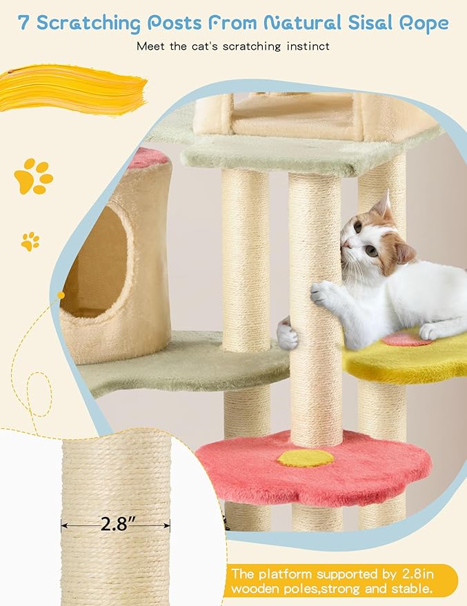Flower Cat Tree Tower, 59 Inches Cute Cat Tree for Indoor Cats w/Sisal Covered Cat Scratching Posts Stand Cozy Condo, Sturdy Padded Top Perch and Bell Ball Colorful Cat Tree House for Indoor Cats