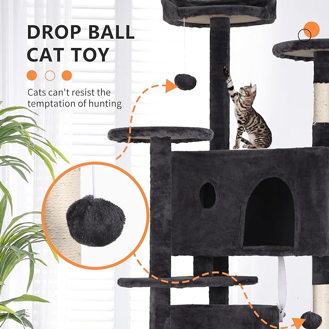 BestPet | 70" Cat Tree Tower | Dark Gray | Sturdy, Easy to Assemble, Multi-Level Activity Center with Sisal Scratching Posts, Condos, Perches, Hanging Cat Toys, Observation Decks & Ladder