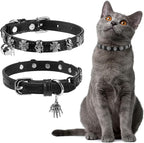 EXPAWLORER Cat Collar for Girl Boy Cats - Adjustable Leather Pet Collar with Safety Elastic Belt,Personalized Punk Accessories Buckle Collars with Bell & Durable D-Ring, Skull(Black)