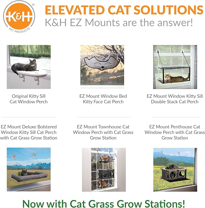 K&H Pet Products Window Lounger with Oat Grass, Cat Window Perch for Large Cats, Farmed in USA, Non-GMO Grass Kit, Sturdy Kitty Sill Window Hammock Bed, Steel Frame, Sturdy Suction Cups - 23 X 12in