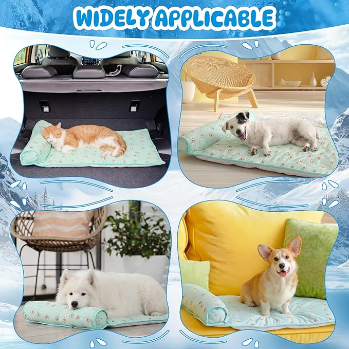 4 Pack Cooling Dog Mats with Supportive Pillow 23.6" x 31.5" Self Cooling Dog Pads Ice Silk Washable Pet Cool Mat Summer Cat Sleeping Pad with Storage Bag for Crate Bed Floor (Large, Green)