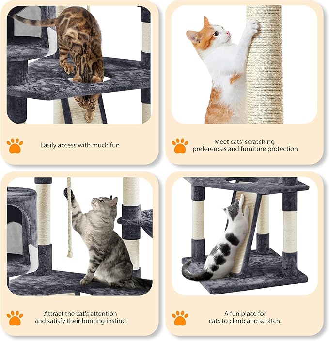 Yaheetech 79in Multi-Level Cat Trees Indoor Cat Tower with Sisal-Covered Scratching Posts, Plush Perches and Condo for Kittens, Cats and Pets - Dark Gray and White