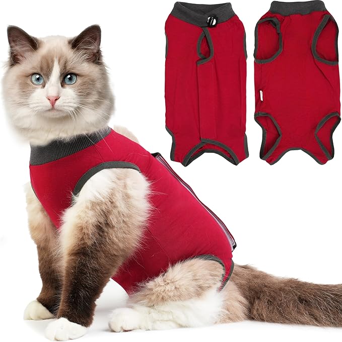 Cat Recovery Suit After Surgery, Breathable Cat Surgery Recovery Suit for Spay Abdominal Wounds or Skin Diseases, E-Collar Alternative Wear for Small Male Female Pets (Red,L)