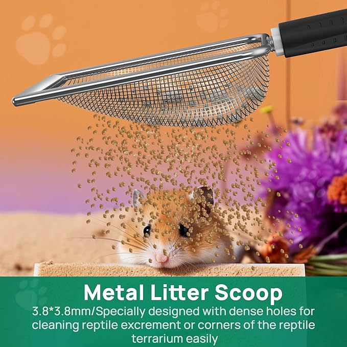 Hamster Metal Litter Scoop for Sandbath Box,Stainless Steel Litter Scooper includes Portable Small Broom and Dustpan, Fine Cat Litter Scoop Easy to Clean Small Pets or Reptile Terrarium Sand Waste
