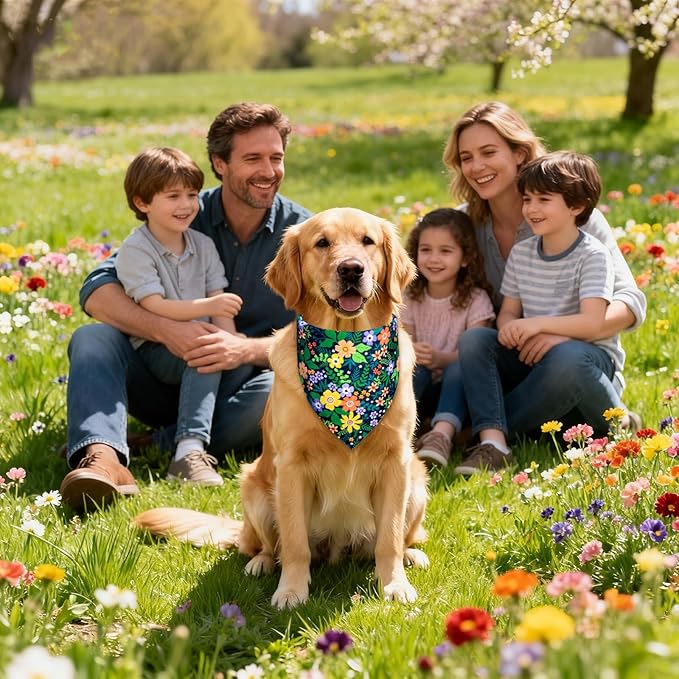Spring Floral Dog Bandana for Small Dogs, Reversible 2 Patterns in 1 - Wildflower & Plaid Scarf, Summer Decorative Pet Bib for Girl Pups (9-14" Neck)