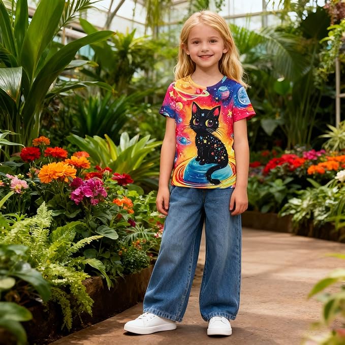 Funnycokid Girls Shirts Cat T Shirt Size 5-12 Clothes for Kids