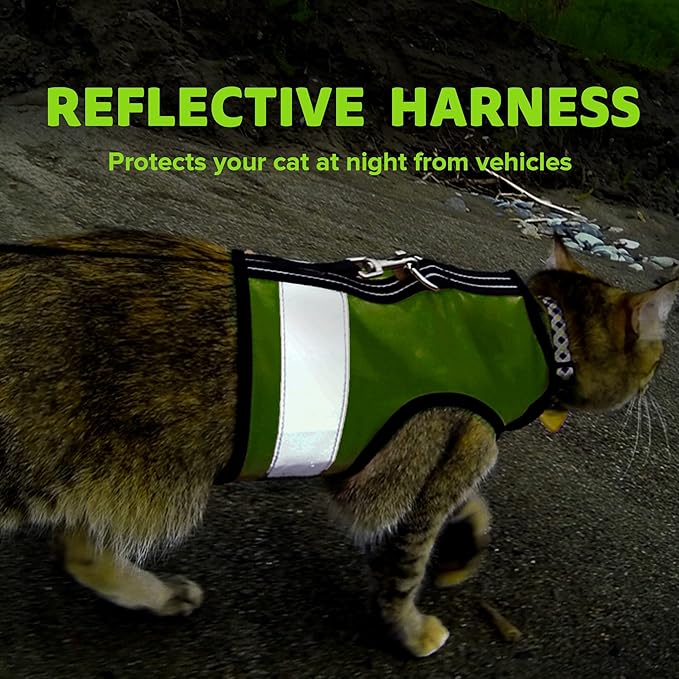 Kitty Holster Reflective Cat Harness – High-Visibility Cat Harness for Travel, Day and Night Walking - Soft Cotton Cat Accessories, Breathable, Secure & Washable, Made in USA - Loud Lime, S to M