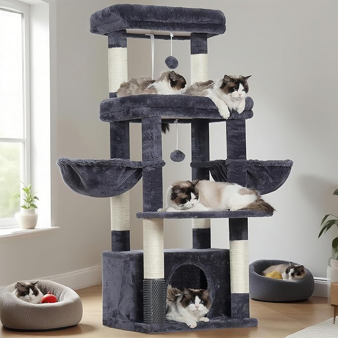Hey-brother Cat Tree Tower, Scratching Posts with Extra Large Platform, Specious Condo, 2 Cozy Hammocks, Self-Grooming Brush for Indoor Adult Cats, Maine Coon 51.1 inches, Smoky Gray MPJ070G