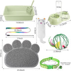7 Pcs Small Cat Kitten Starter Kit Cat Litter Box with Shovel Paw Litter Mat Double Automatic Kitten Bowls Toy Teaser Stick Collar Essentials Kits for 1-3 Lbs Beginner(Simple,Green)