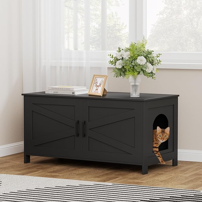 Homhedy 39.4" L Cat Litter Box Enclosure, Pet House with Barn Door, Wooden Cat Washroom Furniture,Fit Most of Litter Box, Black