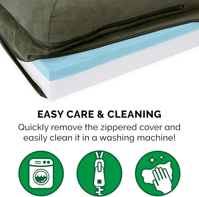 Furhaven Cooling Gel Dog Bed for Medium/Small Dogs w/ Removable Bolsters & Washable Cover, For Dogs Up to 35 lbs - Two-Tone Plush Faux Fur & Suede L Shaped Chaise - Dark Sage, Medium