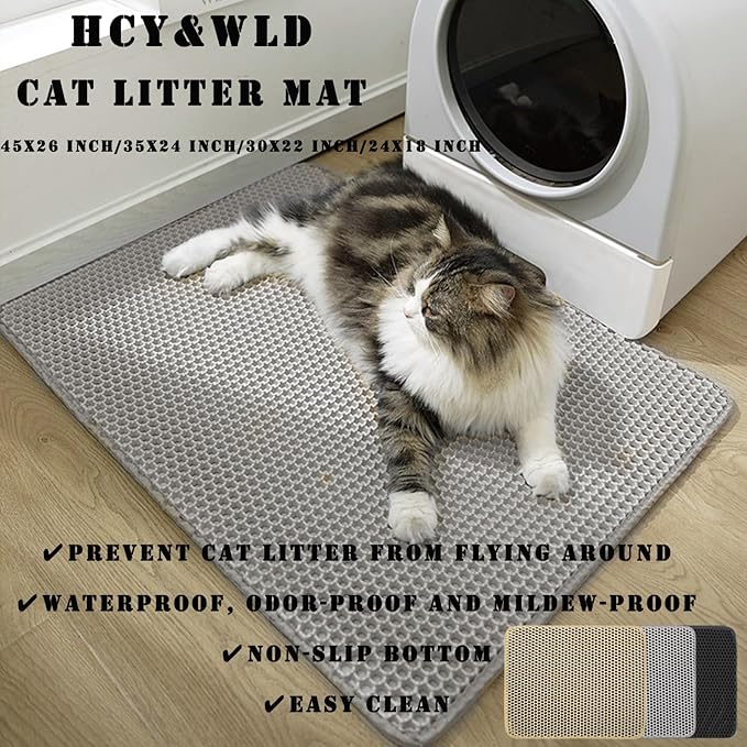 HCY&WLD Cat Litter Mat, 45x26/35x24/30x22/24x18 Inch Double Layer Cat Litter Box Mat, EVA Non-Slip, Waterproof Urine Proof Cat Litter Catcher Mat, Easy Clean Scatter Control (24x18 Inch, Gray)