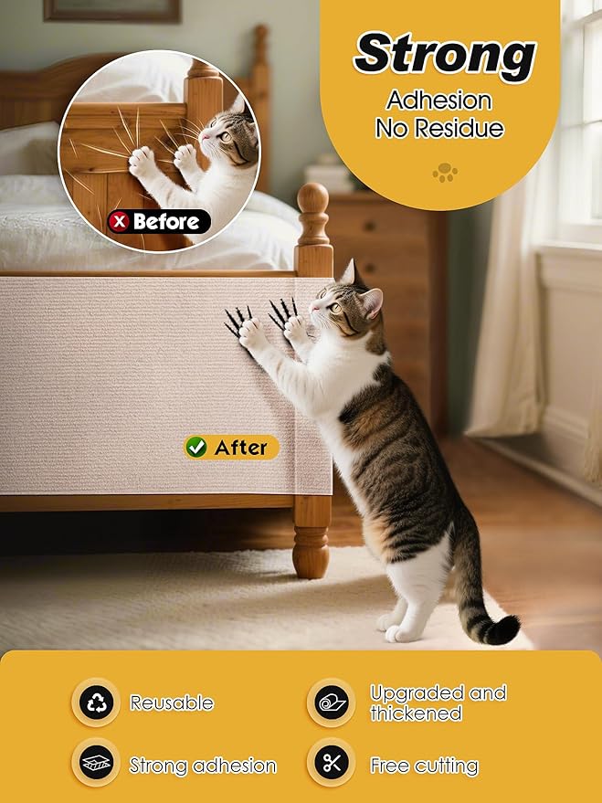 2PCS 39.4"x15.8" Cat Scratch Mat, Trimmable Self-Adhesive Carpet, DIY Climb Cat Scratcher for Furniture Couch or Wall Protector, Covering Cat Scratching Post Replacement Pads (Beige)