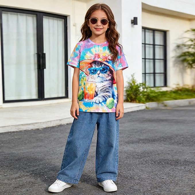 Funnycokid Girls Shirts Cat T Shirt Size 5-12 Clothes for Kids