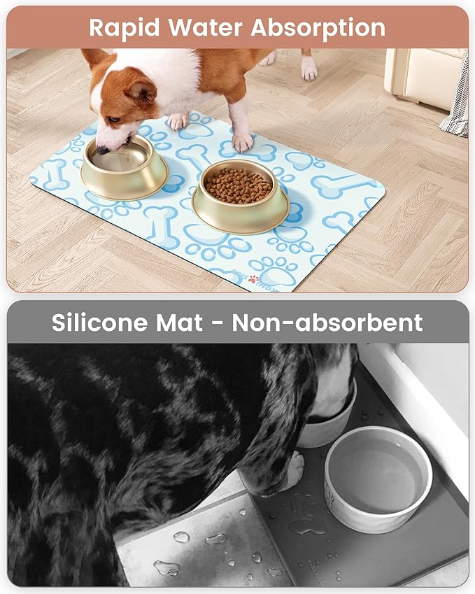 Cat Dog Food Mat, Rapid Water Absorption Dog Mat for Food and Water,100% Waterproof Cat Dog Bowl Mat, 16"x27"-Blue