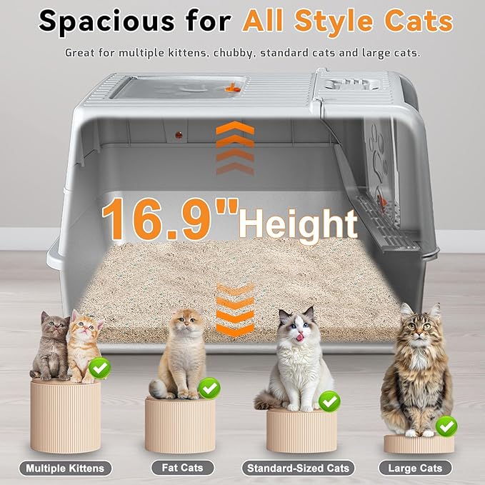 Stainless Steel Cat Litter Box with Lid, 180° Flip Top XXL Enclosed Litter Box with Cat Pedal Step Stool & Scoop, Front Top Dual Entry Steel Extra Large Cats Litter Pan, Light Grey