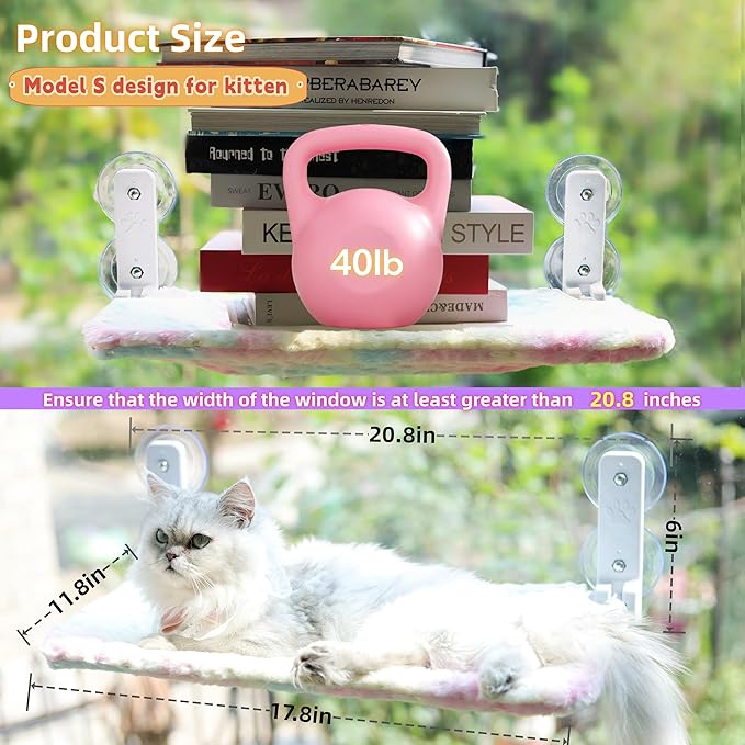 Foldable Cat Window Perch, Cordless Cat Hammock with Strong Suction Cups for Cats Inside, Gradient Color Shiny Fabric, Cute Pet Seat Bed for Kittens with Movable Toy Hooks (Small)