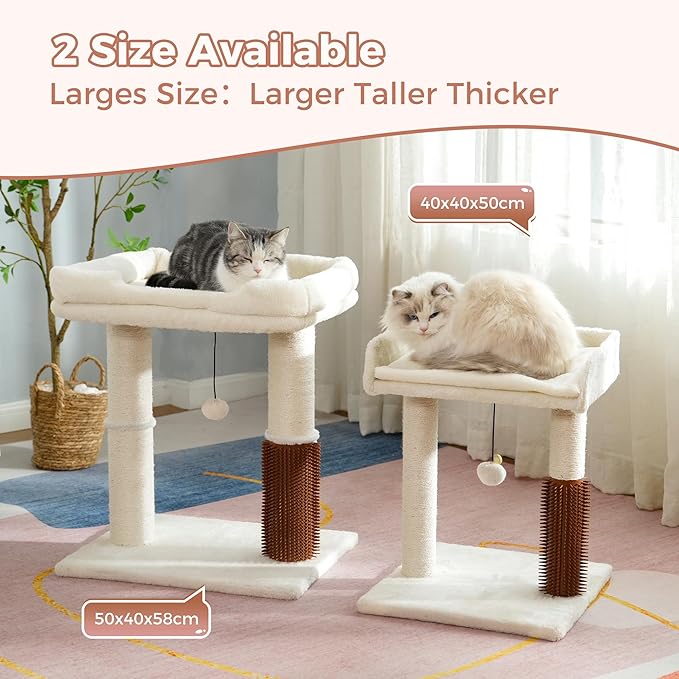Cat Tree Tower for Large Cats Cat Scratching Post with Cat Self Groomer, 20x15.7” Wide Top Bed, Thick Scratch Post [Dia=4.5”] and Danging Ball Great for Indoor Cats-Large Beige