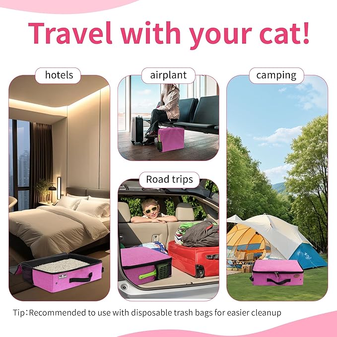 Deblue Portable Cat Travel Litter Box in Car, Collapsible Cat Litter Carrier with Lid, Waterproof Foldable Litter Box for Outdoor Fit for Large Cats, Leak-Proof, Sturdy, Lightweight-Pink