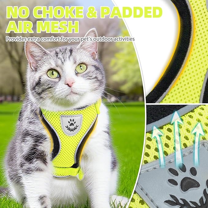 PUPTECK Cat Harness and Leash Set Escape Proof Reflective Cat Walking Harness Adjustable Soft Breathable Mesh Vest for Small Pets, Fluorescent Yellow, S