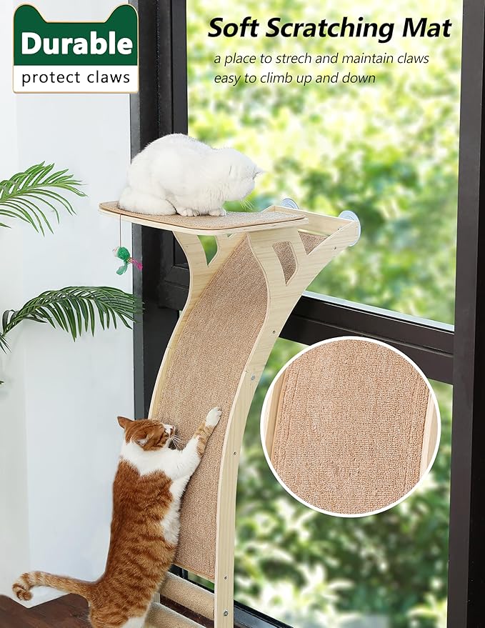 Cat Window Perch with Scratcher Ramp, 48" Climbing Tree Suctions Cups to Window Maximum Hold Up to 45lb, Wood Kitty Bed for Small Window (Drilling-Free)
