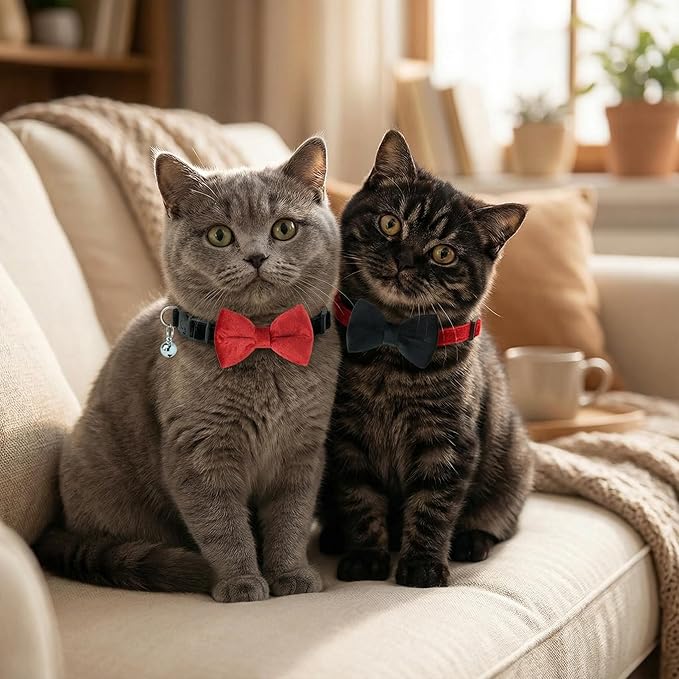 Leezmark 6 Pack Cat Collars with Bow Tie and Bell, Velvet Cat Collars with Bowtie, Adjustable 7-11 inch Cat Bow Tie Collar for Kitty Kitten Adult Cats, Pet Supplies Accessories