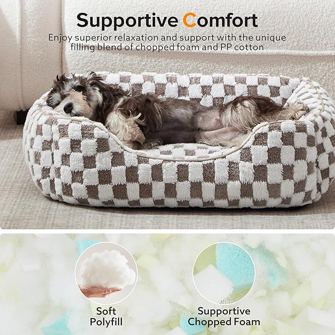 JOEJOY Dog Bed for Medium Small Dogs - Rectangle Orthopedic Dog Sofa Bed, Cute Modern Puppy Bed with Jacquard Shaggy Plush & Anti Slip Bottom, 25x21x8inches, Cofffee