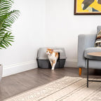 IRIS USA Corner Cat Litter Box Enclosure with Scoop, Small Cat Litter Box with Lid, Corner Litter Box Enclosure for Kittens to Medium Sized Cats, Odor Defensive Hooded Litter Tray, Dark Gray