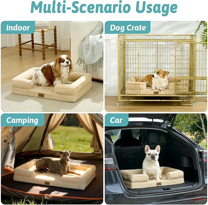Cooling Dog Bed for Large Medium Size Dogs, Q-Max >0.4 Summer Cool Orthopedic Foam Pet Sofa Bed with Sides, Bolster Anti-Slip Couch with Washable Removable Cover, L 36x27x6.5 inch, Beige