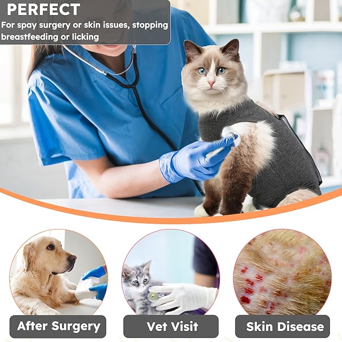 Cat Recovery Suit for Spay Abdominal Wounds, Kitten Onesie Bodysuit for Cats After Surgery, Cat Surgery Recovery Suit Female Cone of Shame Alternative for Cats Anti Licking (Dark Grey M)