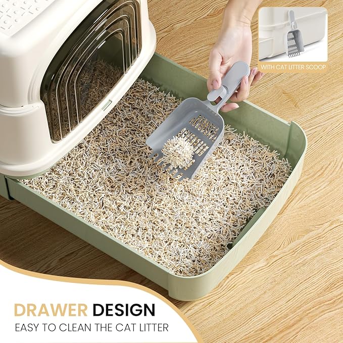 Basics Cat Litter Box with Lid,Fully Enclosed Litter Box with Scoop,Standard Kitty Litter Boxes with Drawer,Front Entry Top Exit Kitty Box,Non-Sticky, Anti-Leakage, Easy Cleaning (Green)