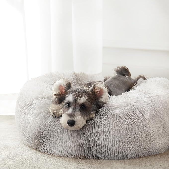 WESTERN HOME WH Calming Dog & Cat Bed, Anti-Anxiety Donut Cuddler Warming Cozy Soft Round Bed, Fluffy Faux Fur Plush Cushion Bed for Small Medium Dogs and Cats (20"/24"/27"/30"), White Grey
