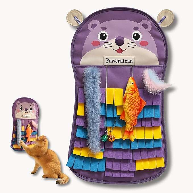27 Inch Soft Felt Fringe Cat Wall Mat with Charms – Purple Bear Vertical Play Pad & Storage Pocket (Purple Bear)
