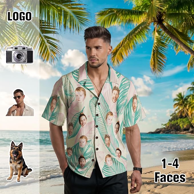 Custom Hawaiian Shirt with Face for Men, Unisex Tropical Beach Shirts Personalized Casual Funny Hawaii Button Down Shirts