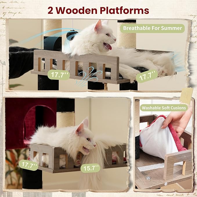 Maine Coon Cat Tree, Heavy Duty Cat Tree for Indoor Cats Large Adult, Gothic Cat Tower for Large Cats 20 lbs+ with Hammock, 2 Big Perches, 2 Cat Condos, 15 Scratching Posts, Black GCT033BR