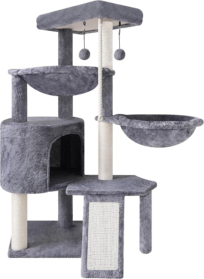Xin Three Layer Cat Tree with Cat Condo and Two Hammocks,Grey