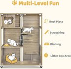 Lovupet Wooden Cat House with Scratching Posts, Luxury Large Cat Condo with Lockable Wheels, Indoor Kitten Cage with Escape Door, GC11