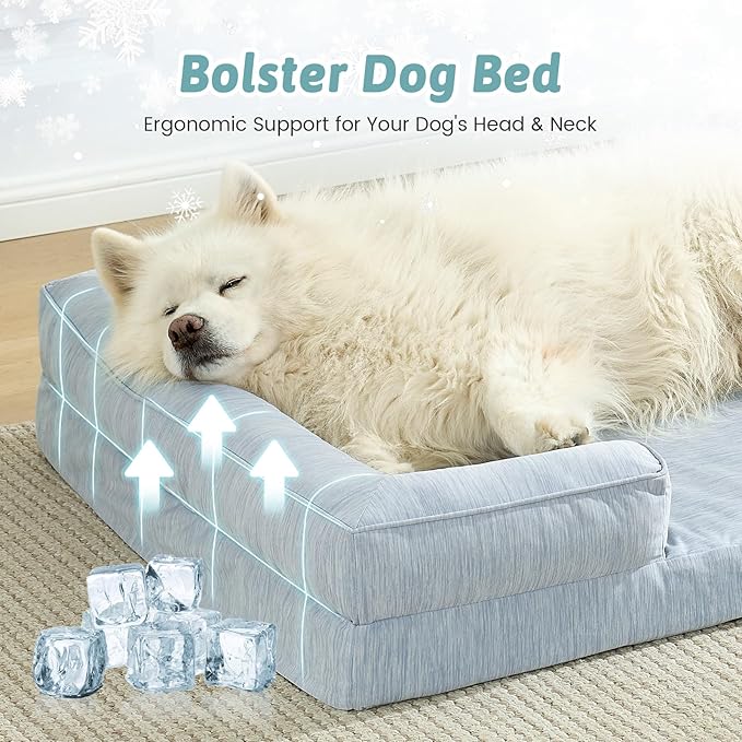 Cooling Dog Bed for Large Size Dogs, Q-Max >0.4 Summer Cool Orthopedic Foam Pet Sofa Bed with Sides, Bolster Anti-Slip Couch with Washable Removable Cover, XL 44x32x7 inch, Blue