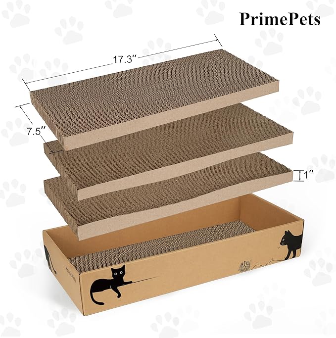 PrimePets Cat Scratcher Cardboard for Indoor Cats, 3 in 1, Cat Scratch Pad with Box, Cat Scratching Board, Reversible Corrugated, Furniture Protector, Catnip Included